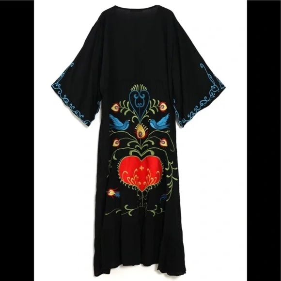 Boho Embroidered Hearts Floral Birds Long Maxi Kimono Dress - Picture 9 of 16